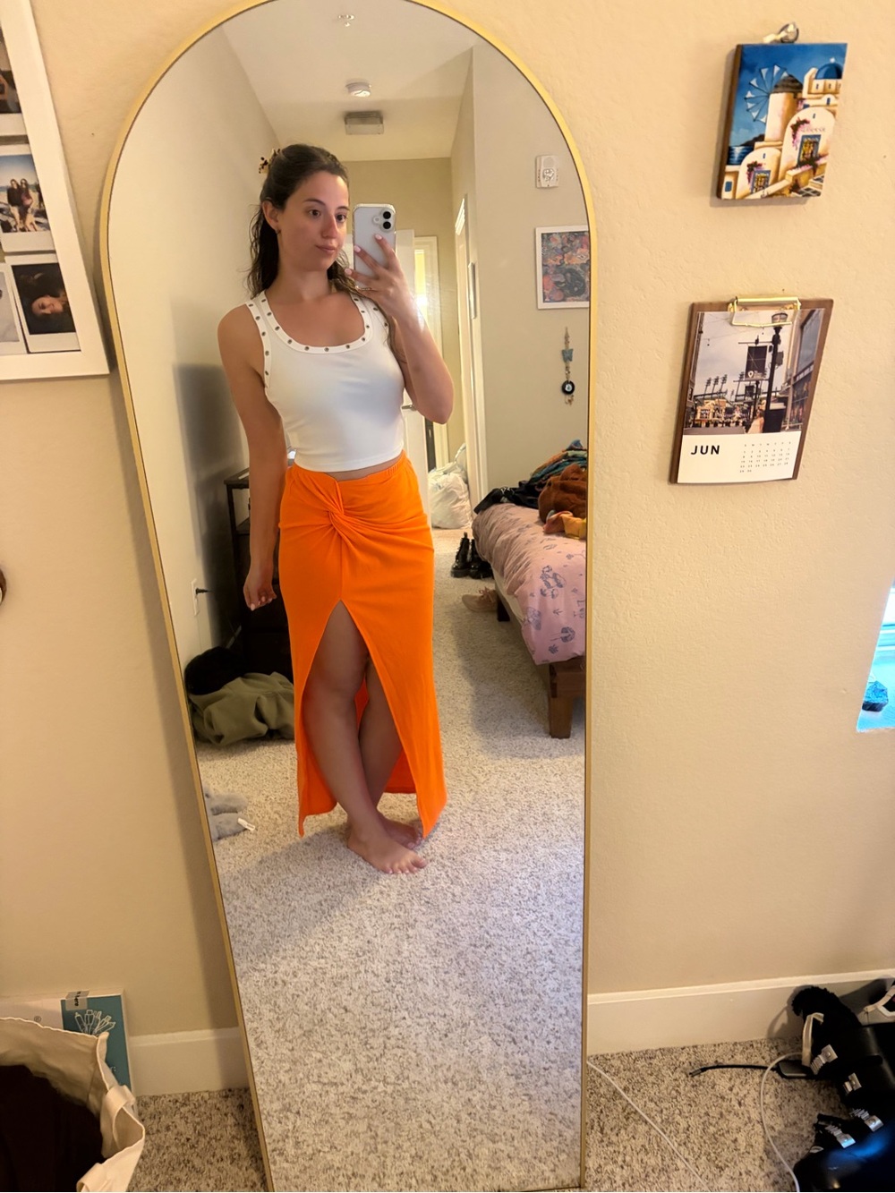 Knotted Front High-Low Orange Maxi Skirt